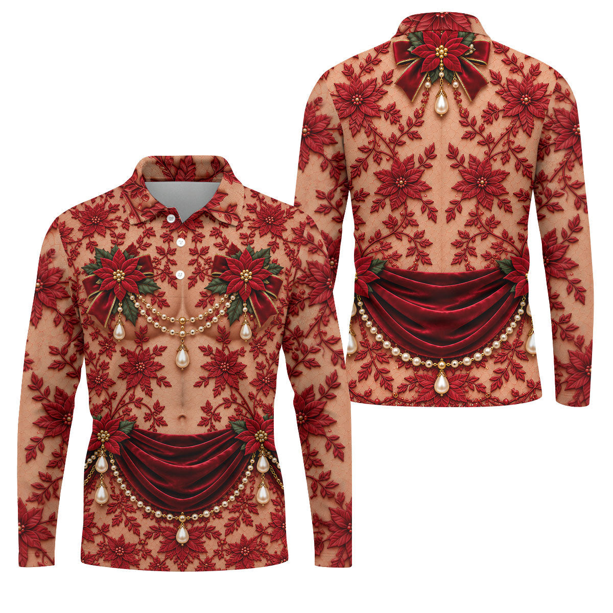 Red Poinsettia Lace Pearls Christmas Golf Shirt, Golf Polo For Men, Mens Golf Polo