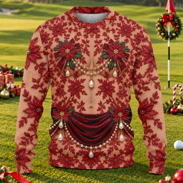Red Poinsettia Pearls Ugly Christmas Sweater, Christmas Gifts, Christmas Golf Gift