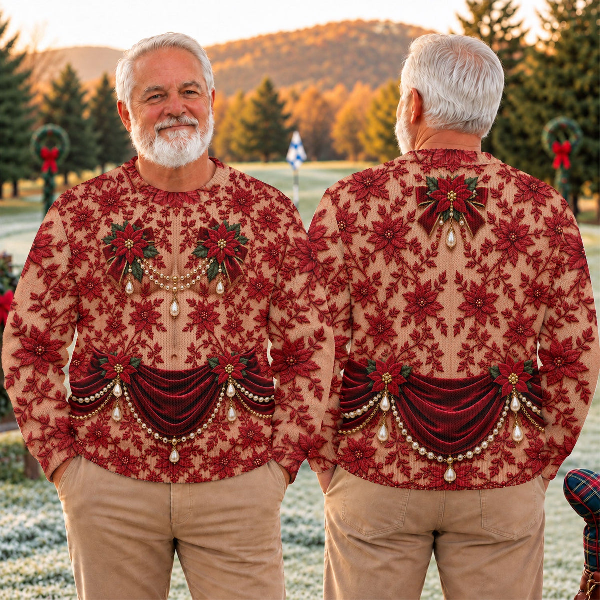 Red Poinsettia Pearls Ugly Christmas Sweater, Christmas Gifts, Christmas Golf Gift