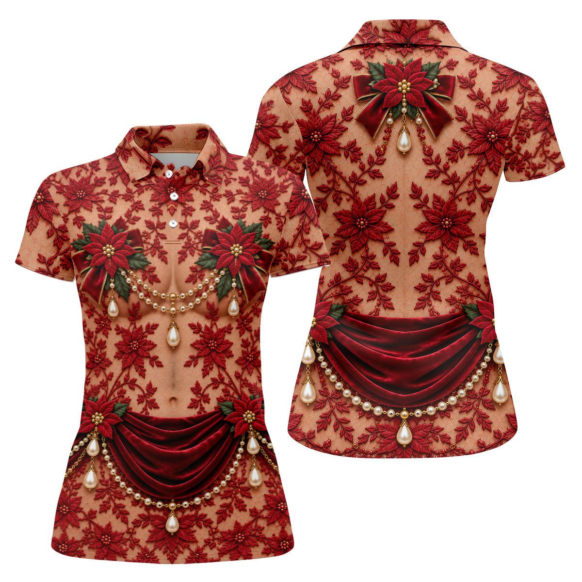 Red Poinsettia Pearls Christmas Golf Shirt, Golf Shirts For Women, Ladies Golf Tops