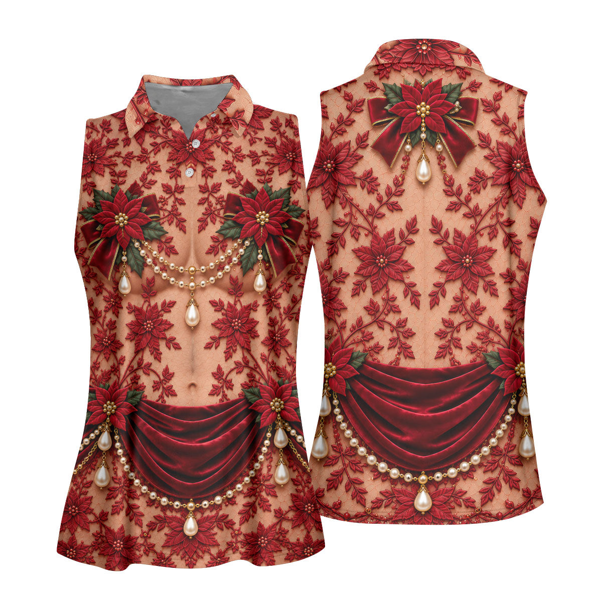 Red Poinsettia Pearls Christmas Golf Shirt, Golf Shirts For Women, Ladies Golf Tops