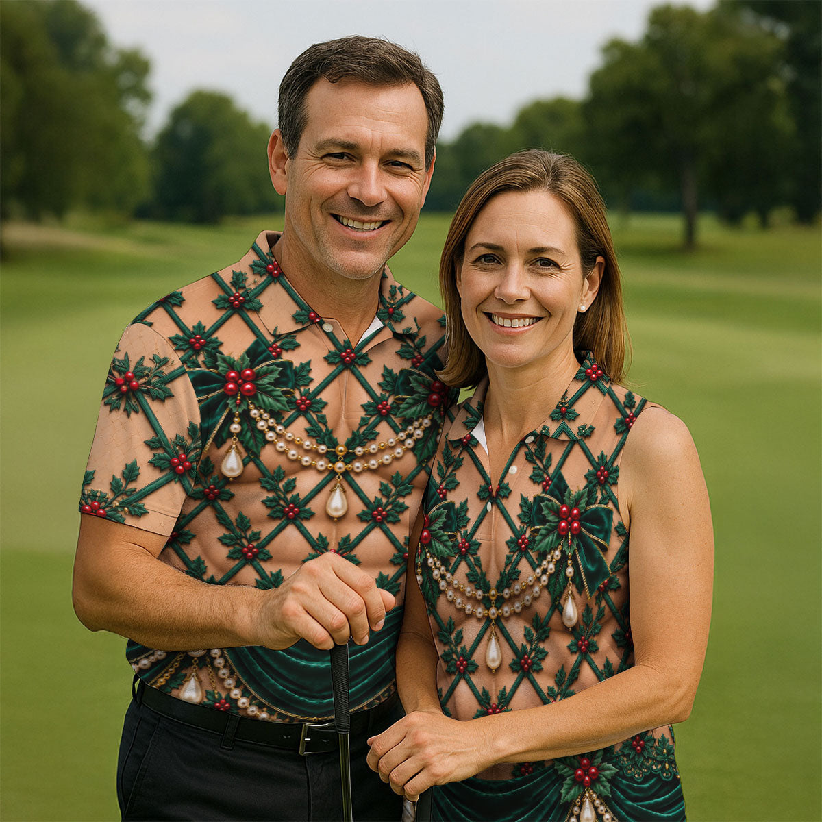 Green Holly Pearls Christmas Golf Shirt, Funny Mens Golf Shirts, Mens Golf Clothing