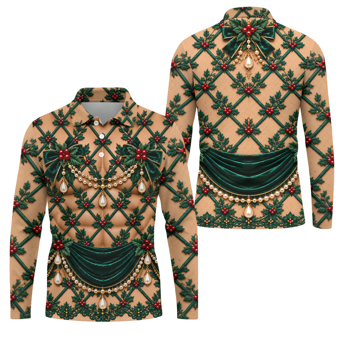 Green Holly Pearls Christmas Golf Shirt, Funny Mens Golf Shirts, Mens Golf Clothing