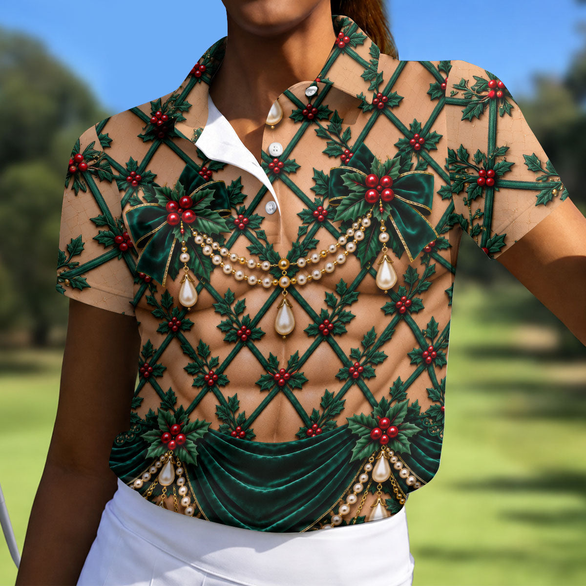 Green Holly Pearls Christmas Golf Shirt, Golf Gifts For Women, Womens Golf Clothing