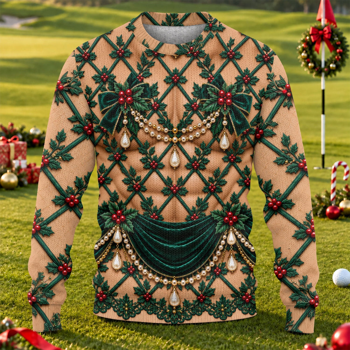 Green Holly Pearls Ugly Christmas Sweater, Christmas Golf Gift, Ugly Sweater Party