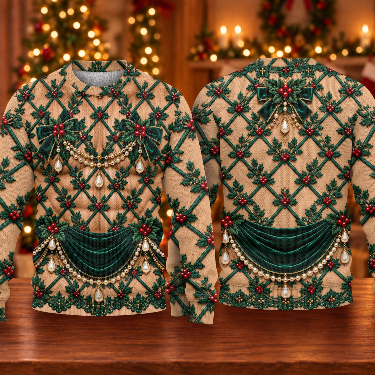 Green Holly Pearls Ugly Christmas Sweater, Christmas Golf Gift, Ugly Sweater Party