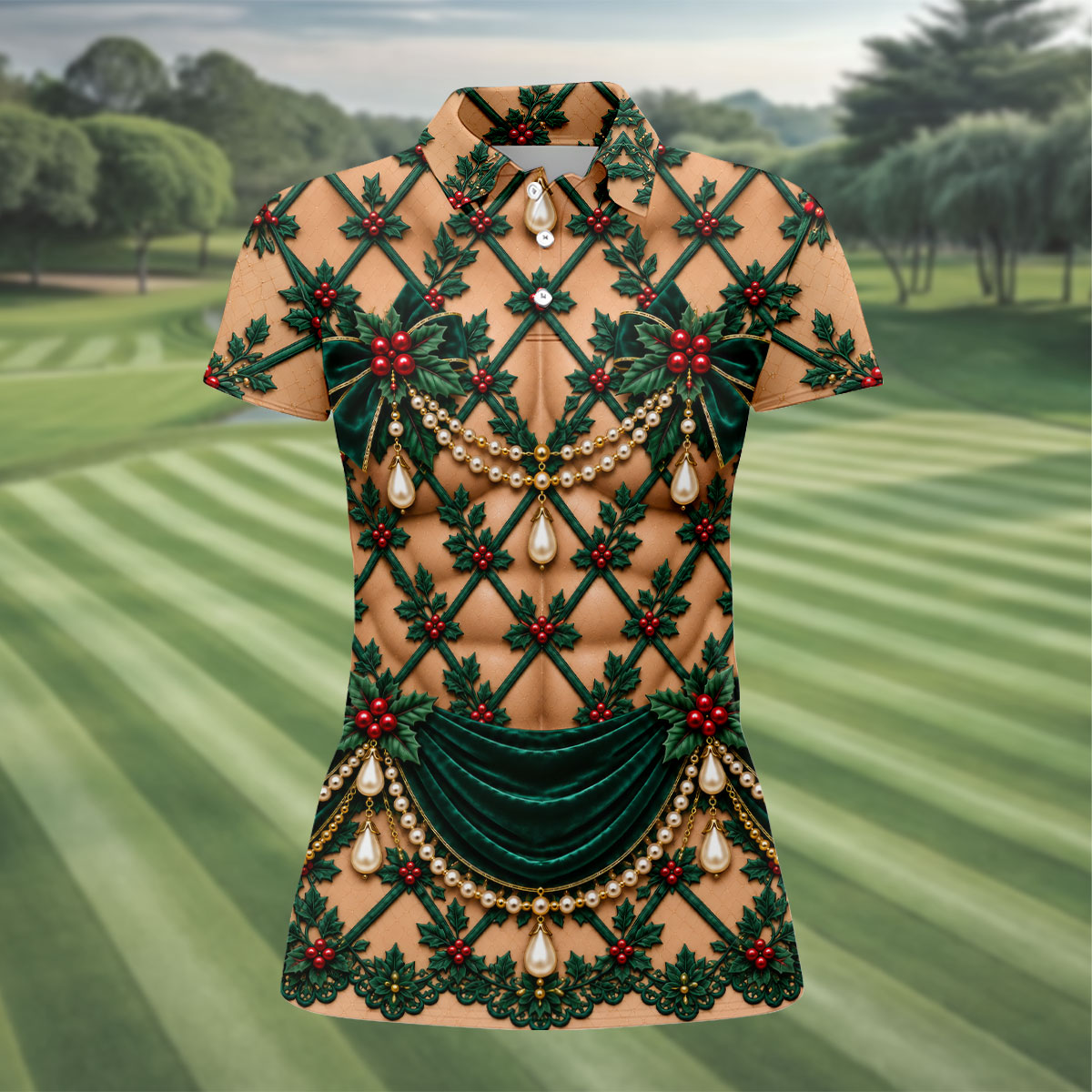 Green Holly Pearls Christmas Golf Shirt, Golf Gifts For Women, Womens Golf Clothing