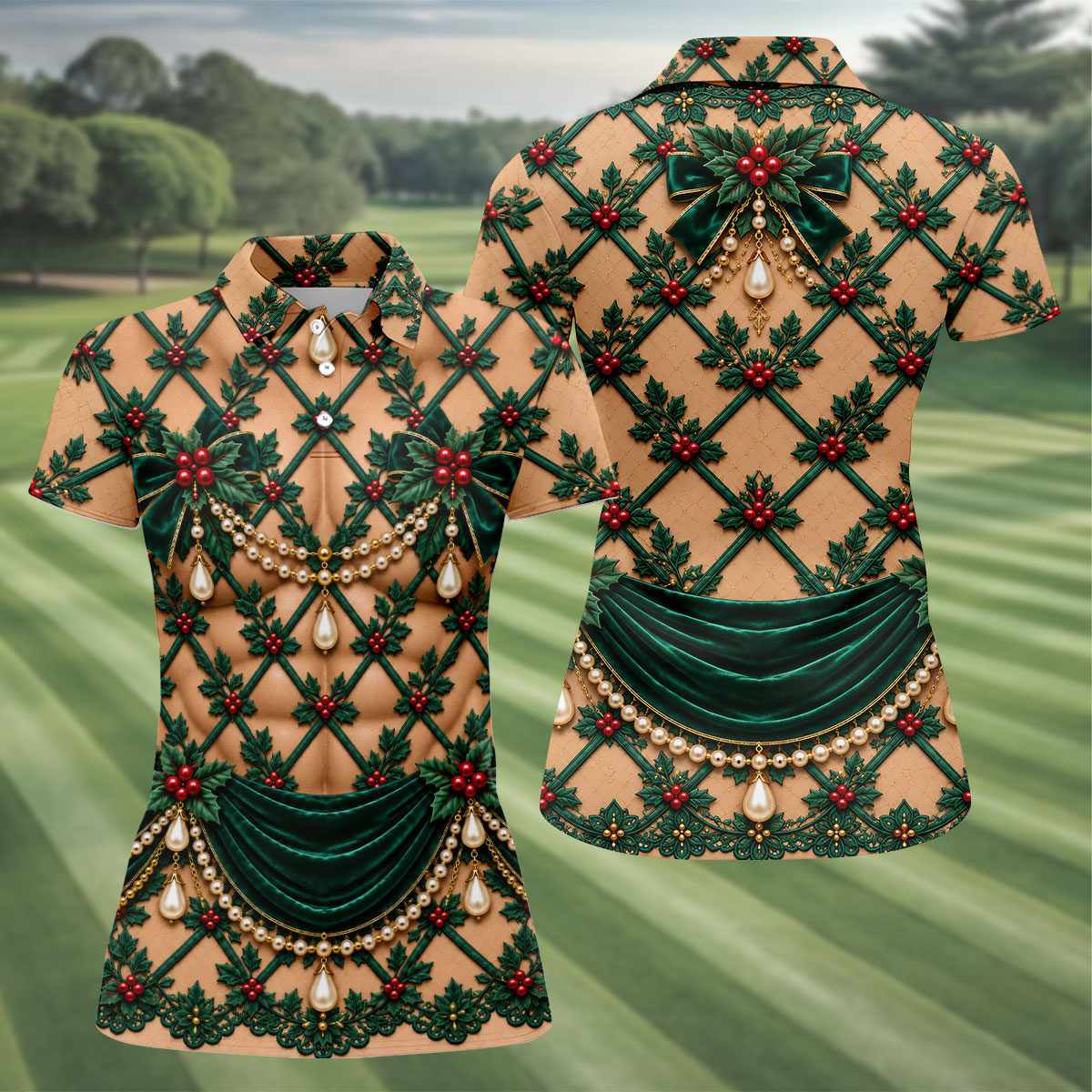 Green Holly Pearls Christmas Golf Shirt, Golf Gifts For Women, Womens Golf Clothing