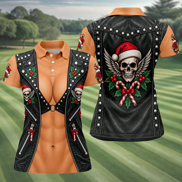 Santa Skull Biker Christmas Golf Shirt, Golf Gifts For Women, Golf Shirts For Women