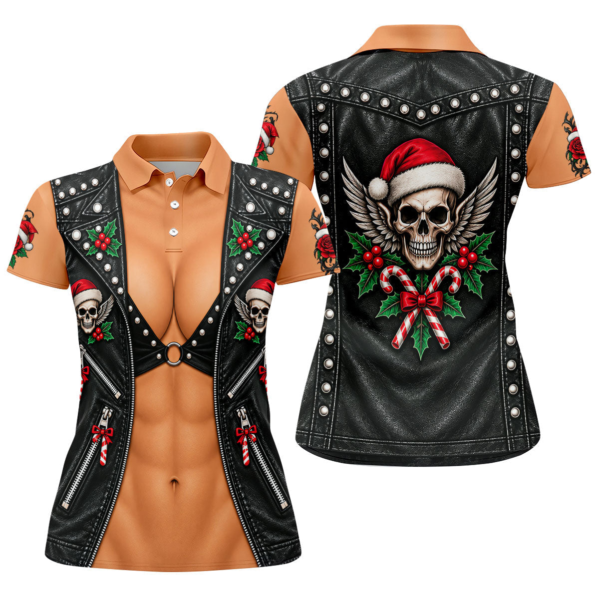 Santa Skull Biker Christmas Golf Shirt, Golf Gifts For Women, Golf Shirts For Women