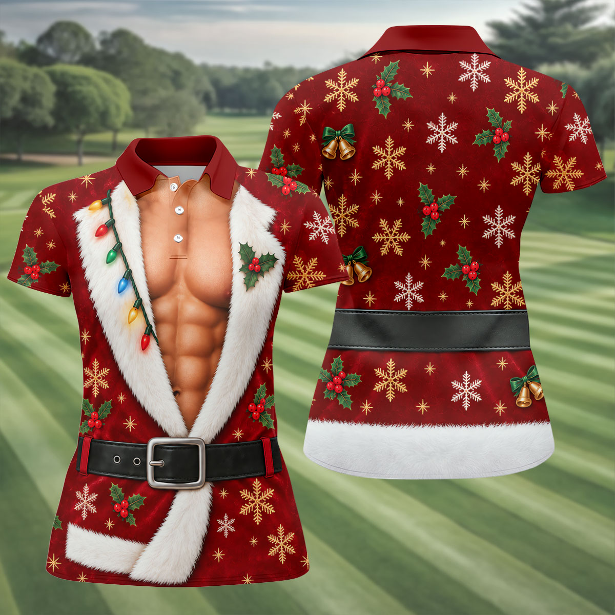 Red Muscle Santa Robe Christmas Golf Shirt, Golf Gifts For Women, Womens Golf Tops