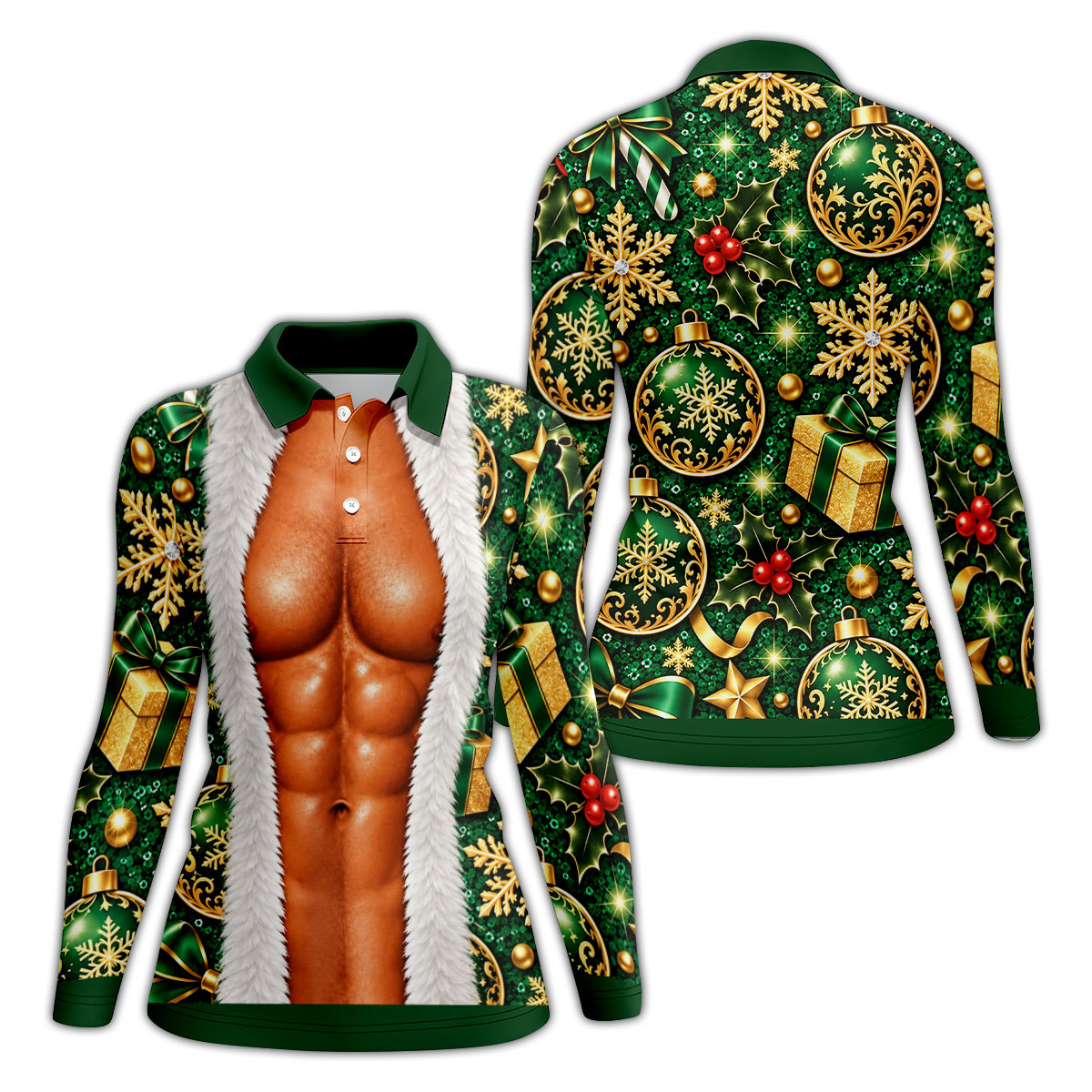 Green Fur Muscle Santa Christmas Golf Shirt, Womens Golf Shirts, Womens Golf Tops