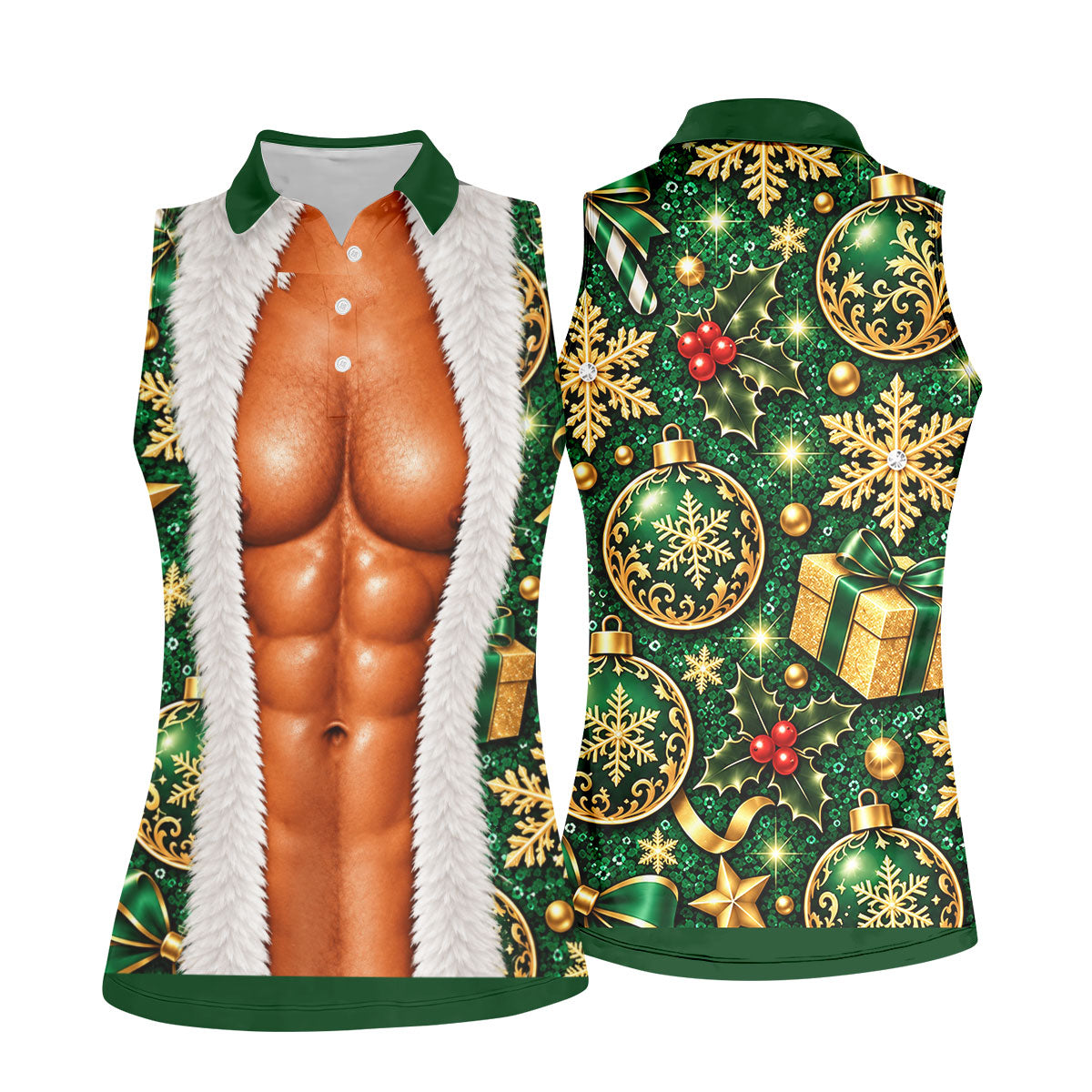 Green Fur Muscle Santa Christmas Golf Shirt, Womens Golf Shirts, Womens Golf Tops