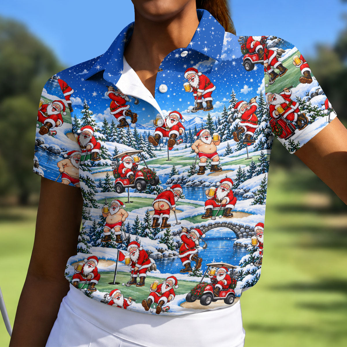Snowy Santa Golf Pattern Christmas Golf Shirt, Womens Golf Shirts, Ladies Golf Shirts