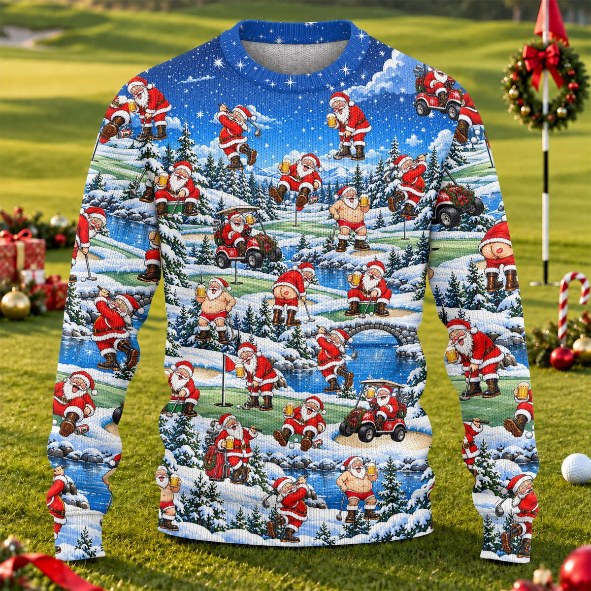 Snowy Santa Golf Pattern Ugly Christmas Sweater, Christmas Golf Gift, Funny Xmas Gift