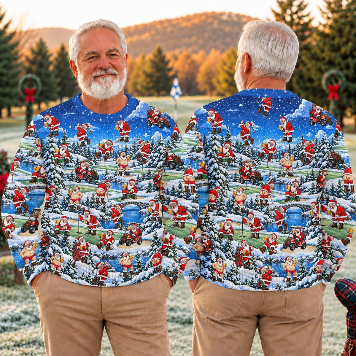 Snowy Santa Golf Pattern Ugly Christmas Sweater, Christmas Golf Gift, Funny Xmas Gift
