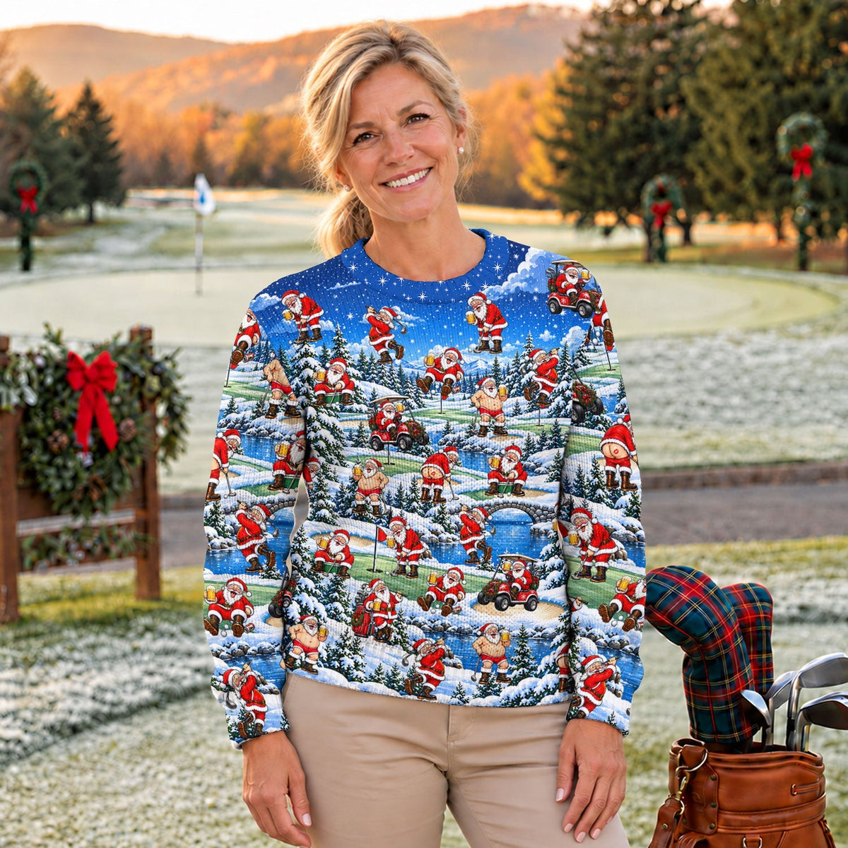 Snowy Santa Golf Pattern Ugly Christmas Sweater, Christmas Golf Gift, Funny Xmas Gift