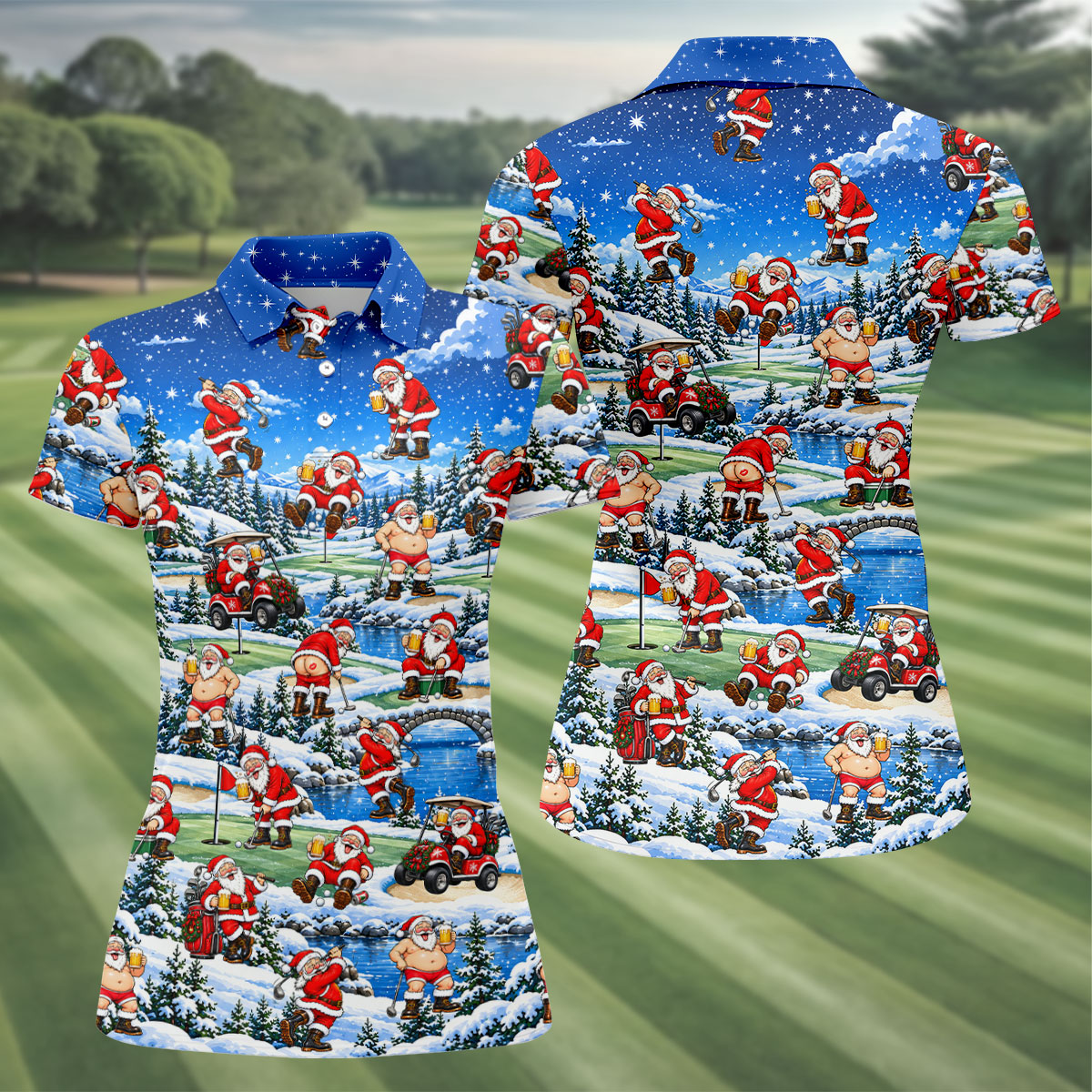 Snowy Santa Golf Pattern Christmas Golf Shirt, Womens Golf Shirts, Ladies Golf Shirts
