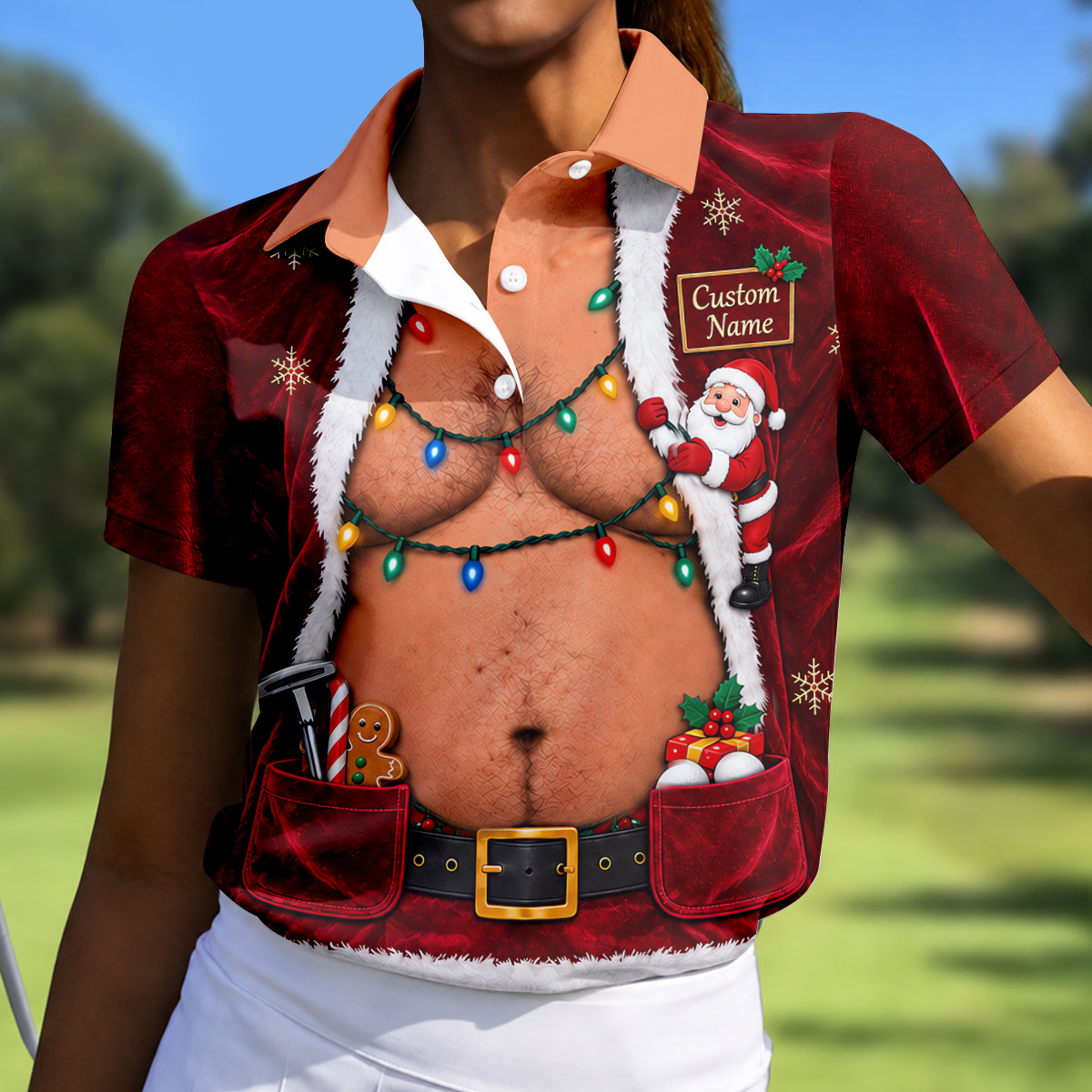 Custom Name Santa Suit Christmas Golf Shirt, Golf Gifts For Women, Ladies Golf Tops