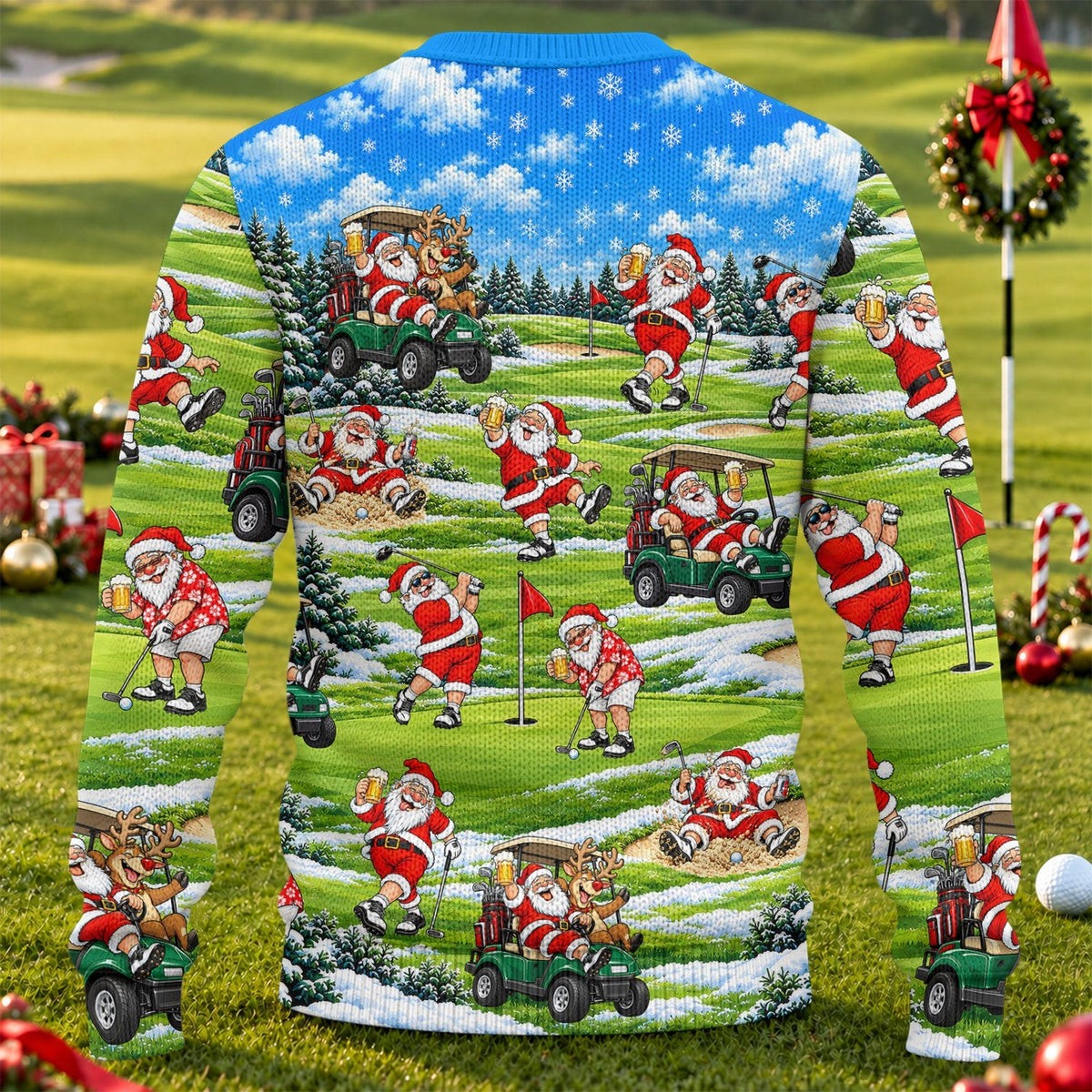Santa Golf Course Pattern Ugly Christmas Sweater, Funny Xmas Gift, Ugly Sweater Party
