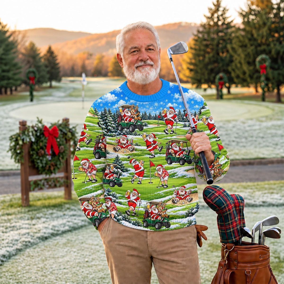 Santa Golf Course Pattern Ugly Christmas Sweater, Funny Xmas Gift, Ugly Sweater Party