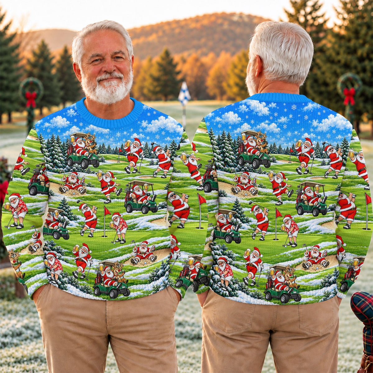 Santa Golf Course Pattern Ugly Christmas Sweater, Funny Xmas Gift, Ugly Sweater Party