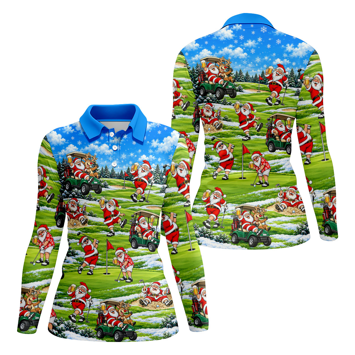 Santa Golf Course Pattern Christmas Golf Shirt, Ladies Golf Tops, Womens Golf Apparel