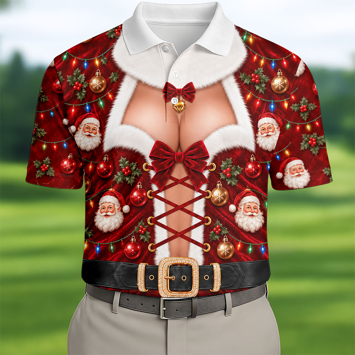 Santa Print Lace Up Corset Christmas Golf Shirt, Golf Gifts For Men, Mens Golf Polo