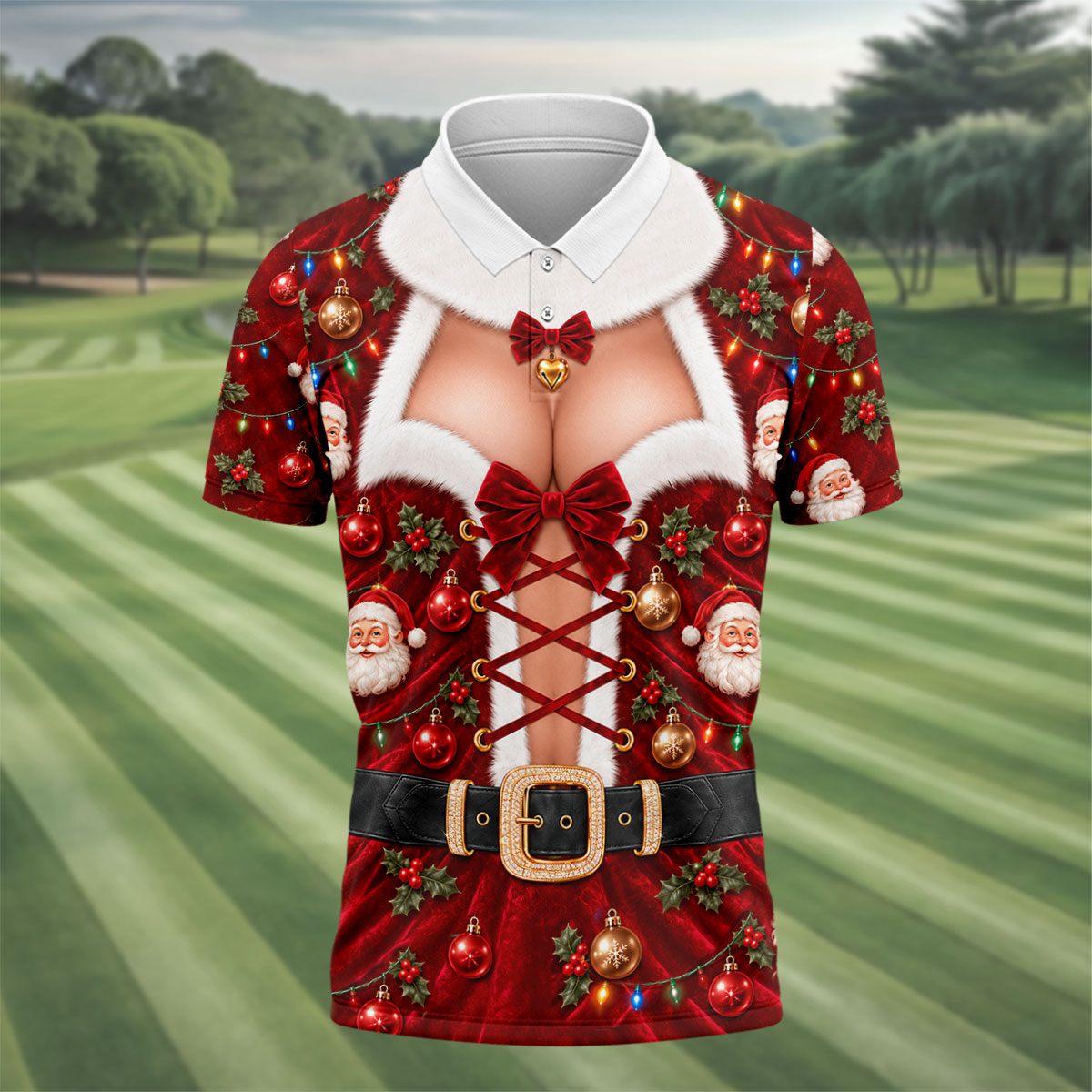 Santa Print Lace Up Corset Christmas Golf Shirt, Golf Gifts For Men, Mens Golf Polo