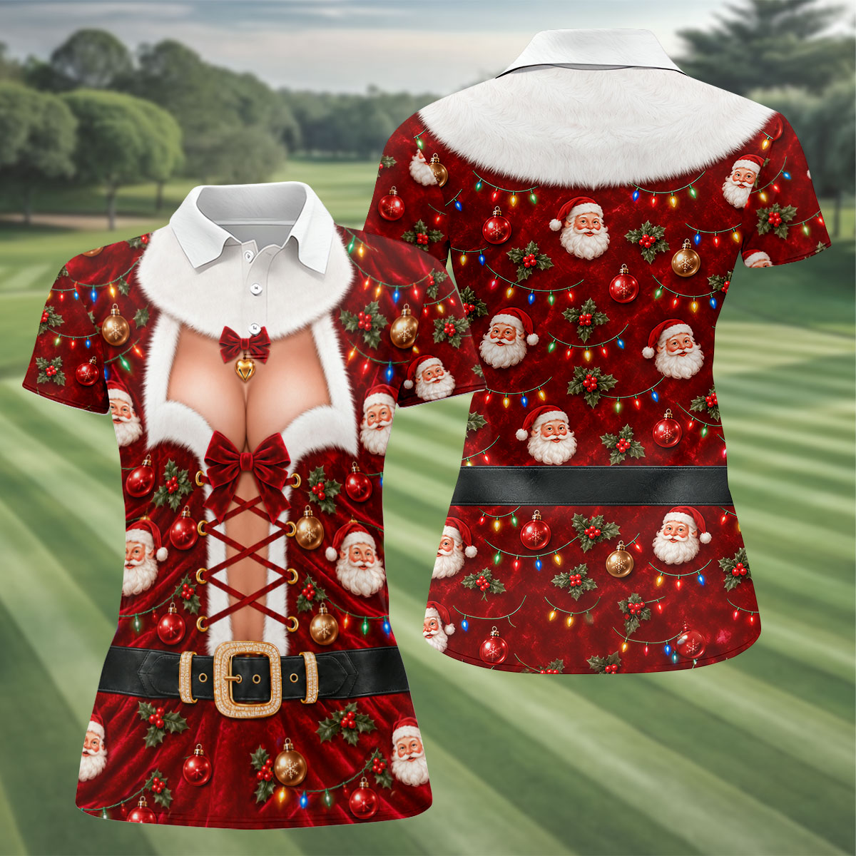Santa Print Lace Up Corset Christmas Golf Shirt, Ladies Golf Tops, Womens Golf Tops