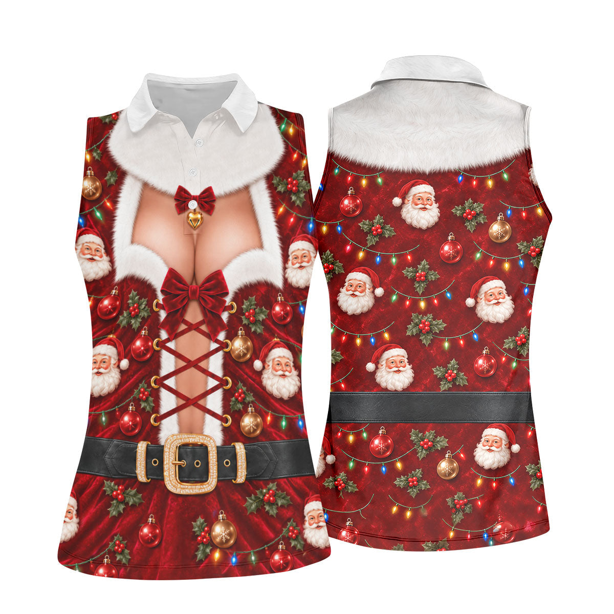 Santa Print Lace Up Corset Christmas Golf Shirt, Ladies Golf Tops, Womens Golf Tops