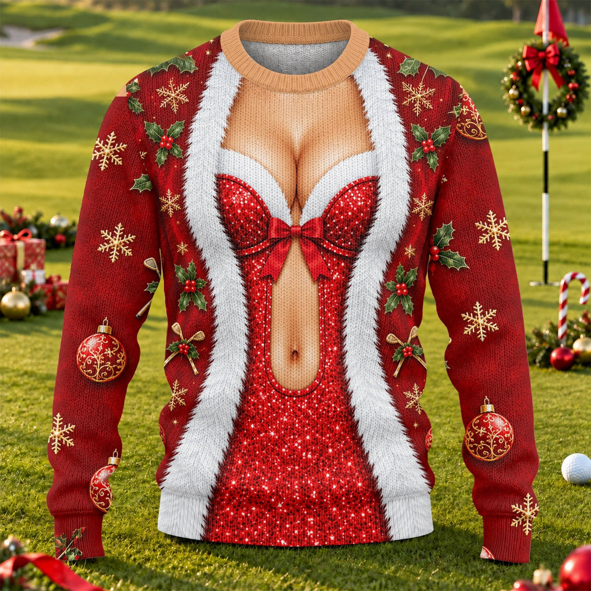 Red Sequin Corset Ugly Christmas Sweater, Funny Christmas Outfit, Golf Lover Gifts