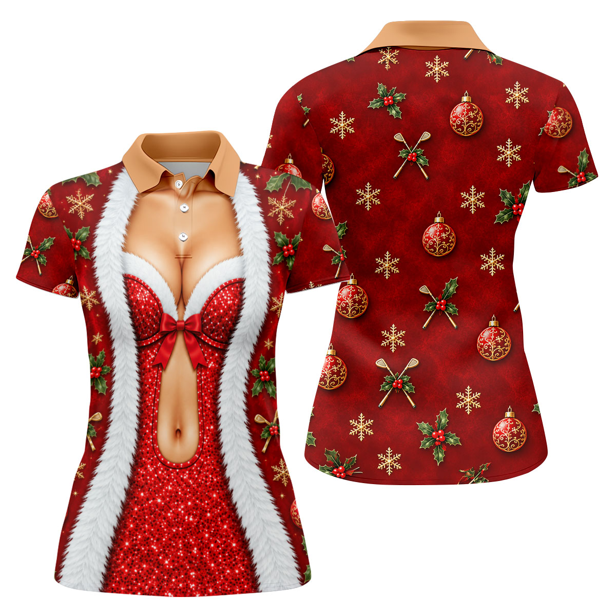 Red Sequin Fur Corset Christmas Golf Shirt, Womens Golf Apparel, Womens Golf Tops