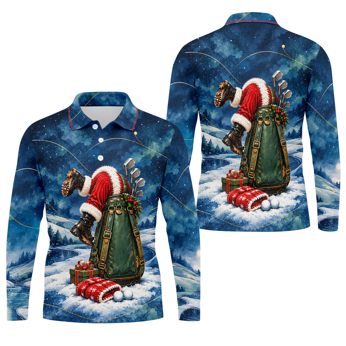 Blue Santa Diving Golf Bag Christmas Golf Shirt, Mens Golf Apparel, Mens Golf Shirts
