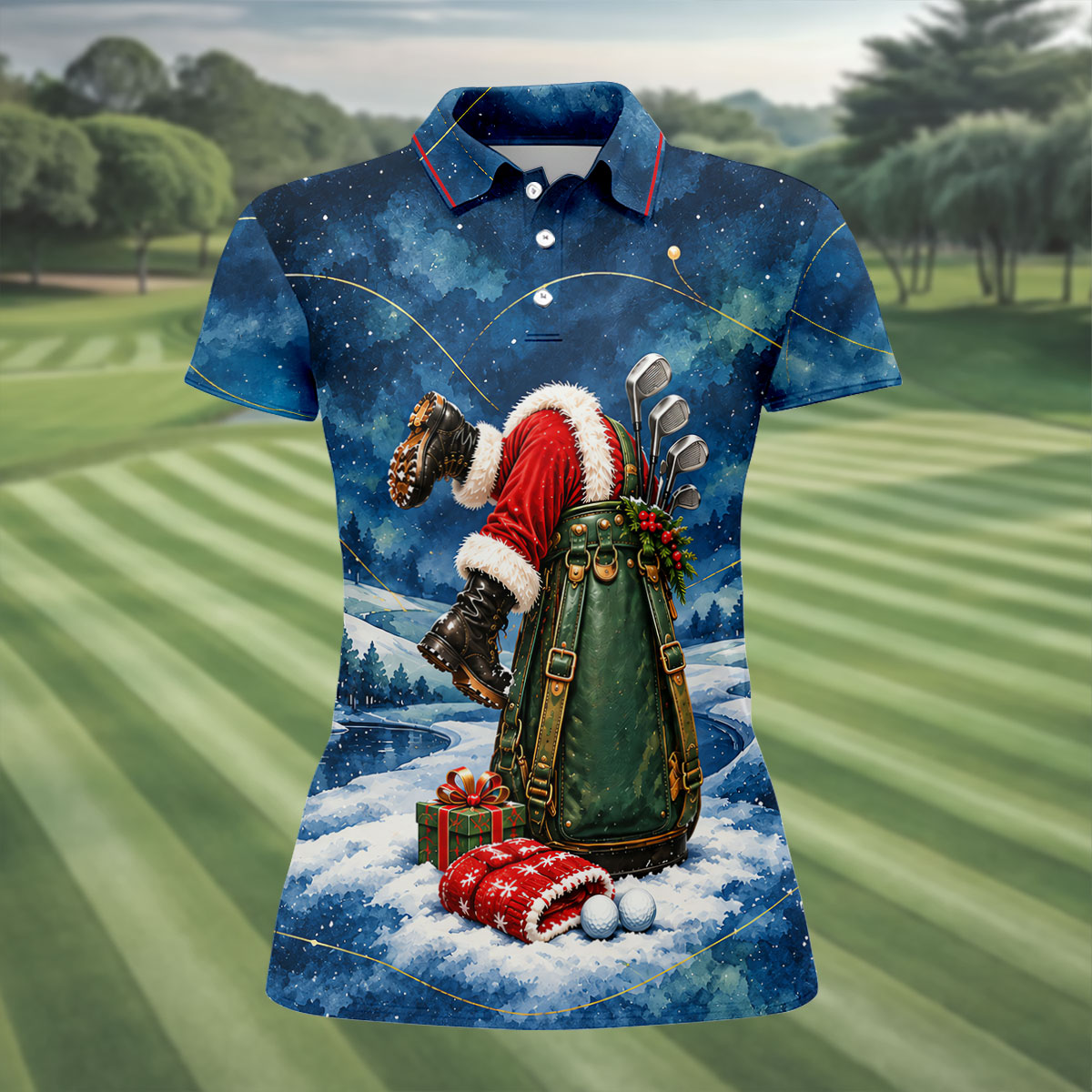 Blue Santa Golf Bag Christmas Golf Shirt, Golf Shirts For Women, Ladies Golf Shirts