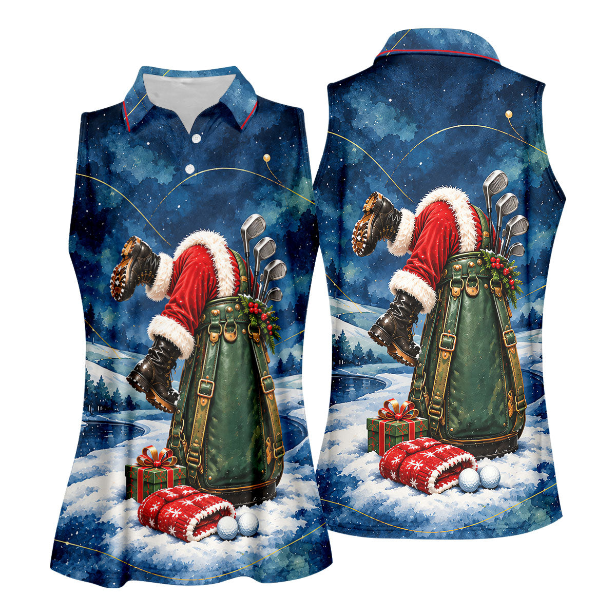 Blue Santa Golf Bag Christmas Golf Shirt, Golf Shirts For Women, Ladies Golf Shirts