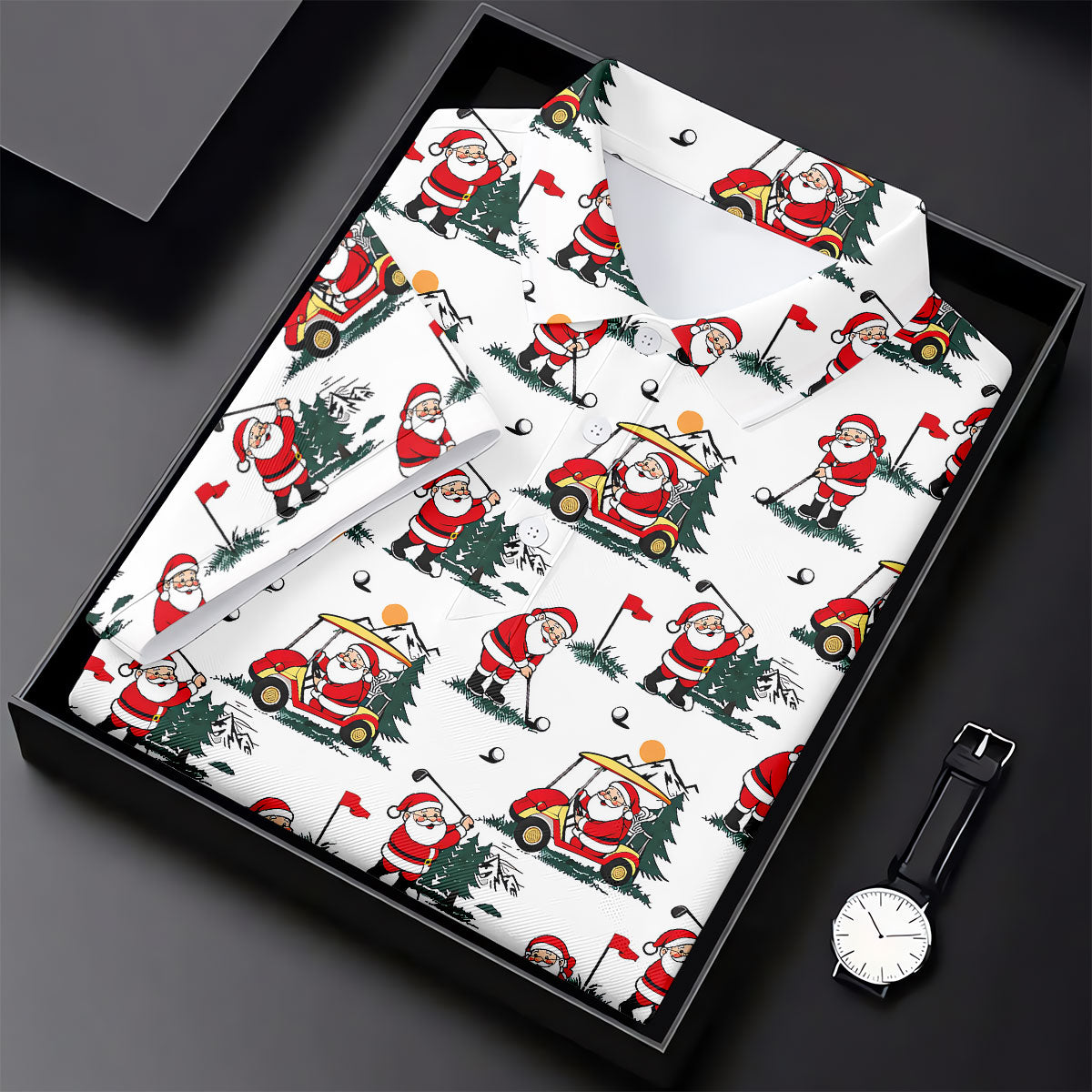 Santa Golf Cart Pattern Christmas Golf Shirt, Golf Polo For Men, Golf Shirts For Men