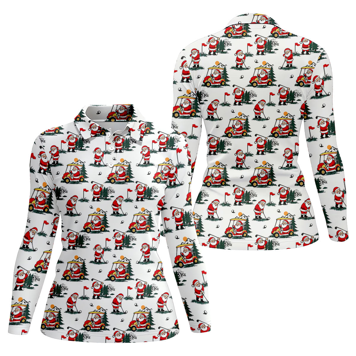 Santa Golf Cart Pattern Christmas Golf Shirt, Golf Shirts For Women, Womens Golf Tops