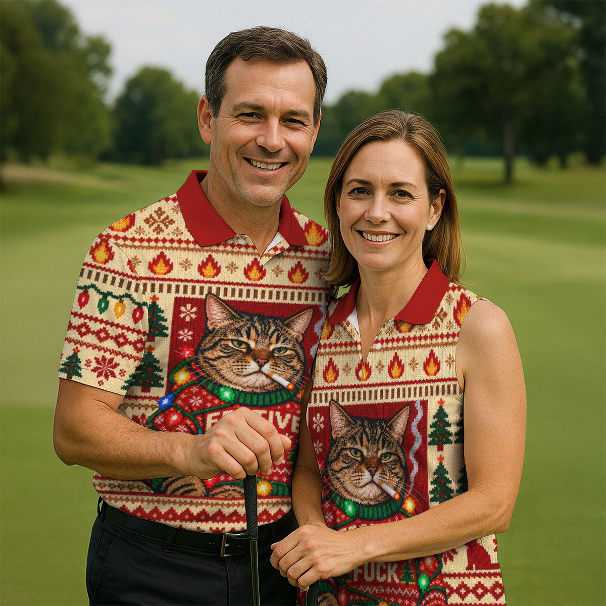 Red Festive As F*ck Cat Christmas Golf Shirt, Mens Golf Clothing, Golf Gifts For Men