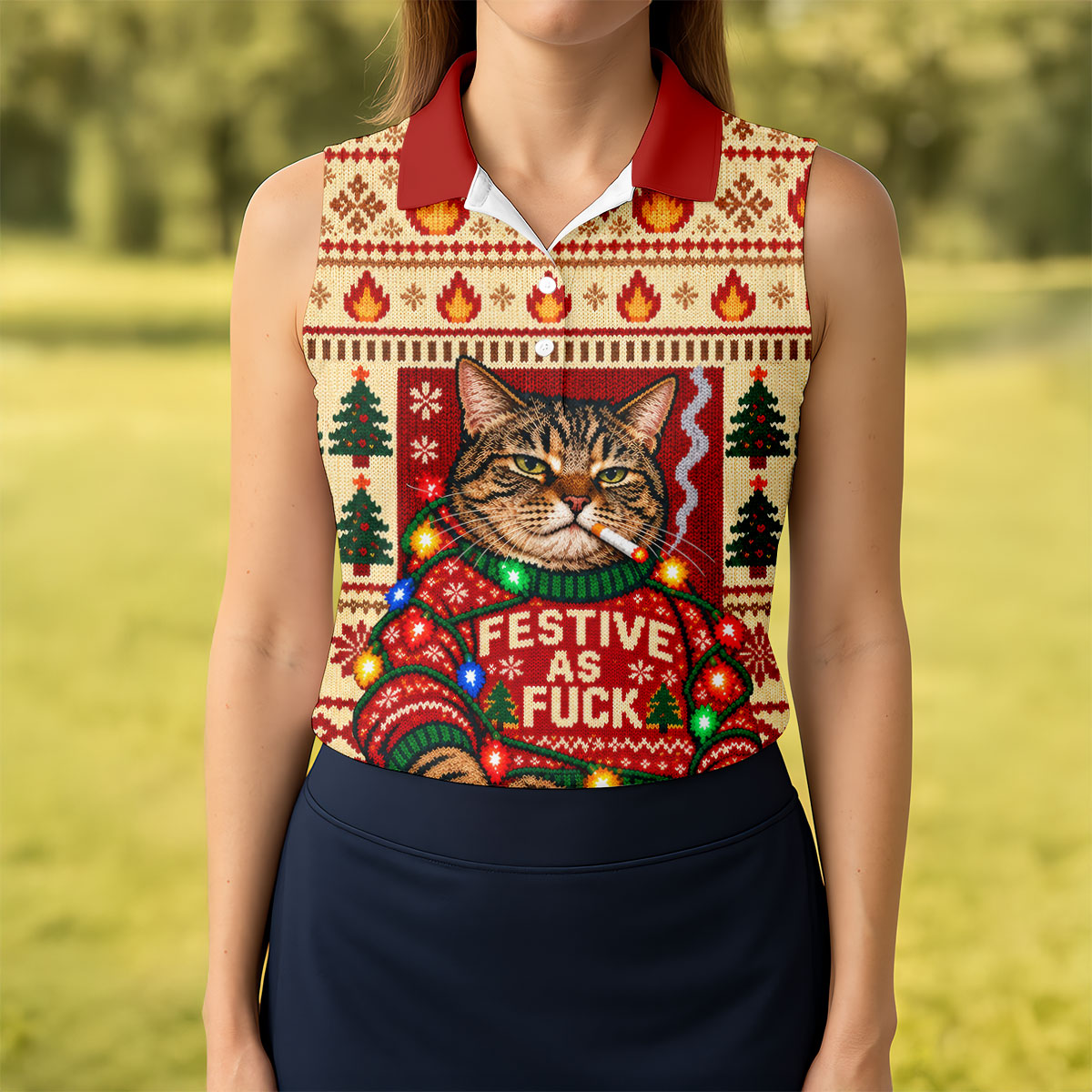 Red Festive As F*ck Cat Christmas Golf Shirt, Womens Golf Apparel, Womens Golf Shirts