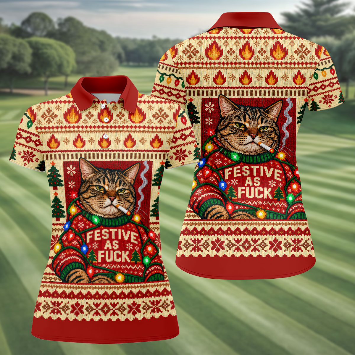 Red Festive As F*ck Cat Christmas Golf Shirt, Womens Golf Apparel, Womens Golf Shirts