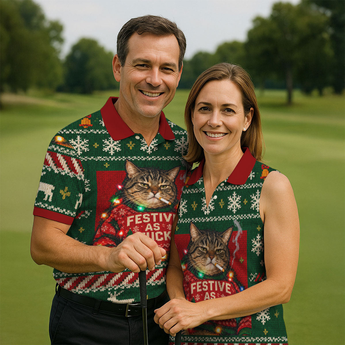 Green Festive As F*ck Cat Christmas Golf Shirt, Mens Golf Shirts, Mens Golf Apparel