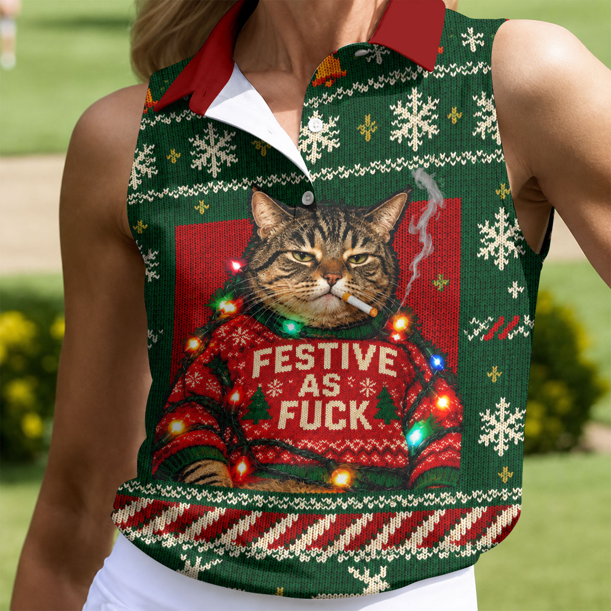 Green Festive As F*ck Cat Christmas Golf Shirt, Ladies Golf Shirts, Womens Golf Tops