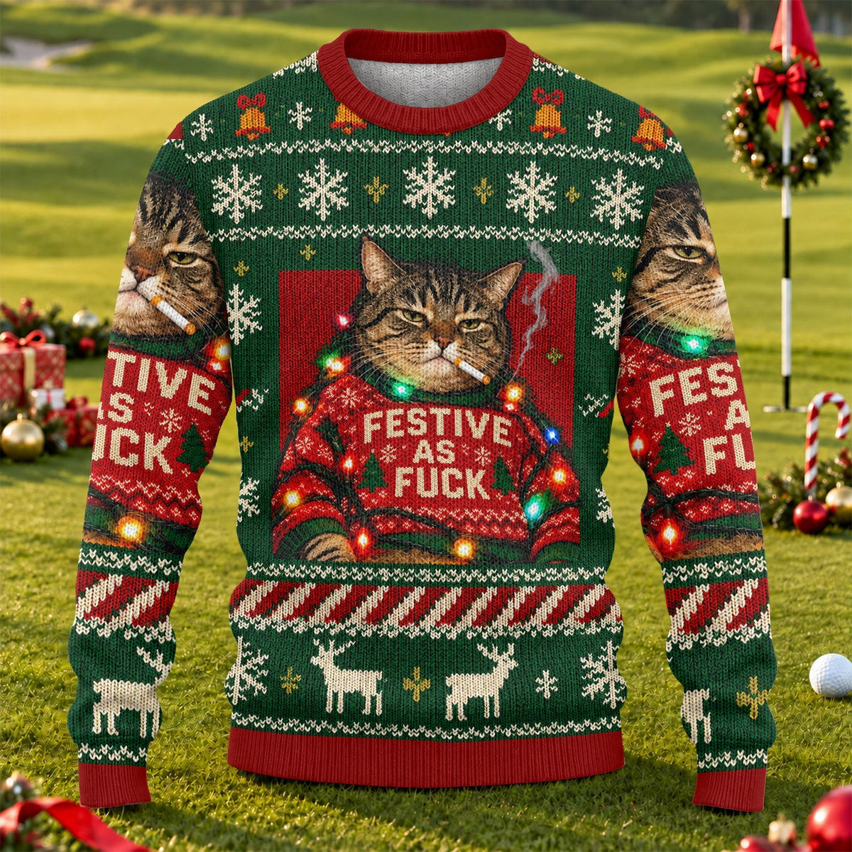 Green Festive As F*ck Cat Ugly Christmas Sweater, Ugly Sweater Party, Christmas Gifts