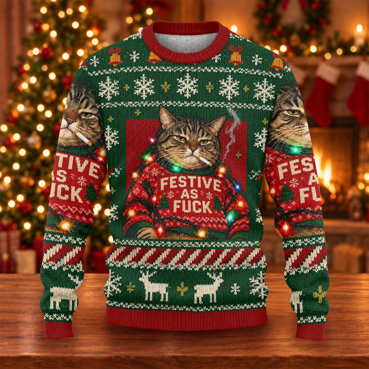 Green Festive As F*ck Cat Ugly Christmas Sweater, Ugly Sweater Party, Christmas Gifts