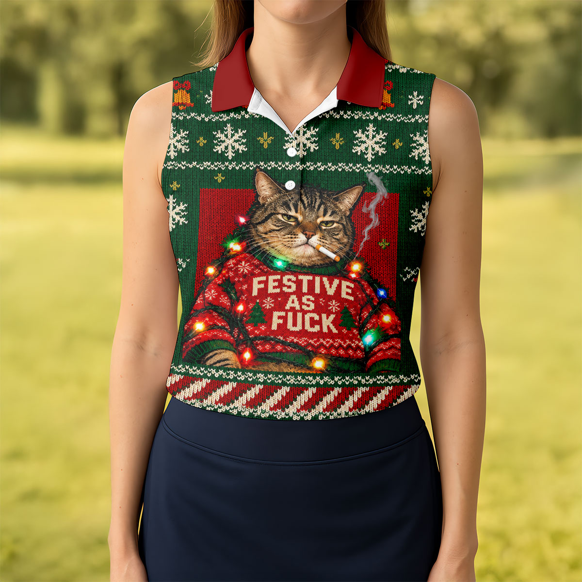 Green Festive As F*ck Cat Christmas Golf Shirt, Ladies Golf Shirts, Womens Golf Tops