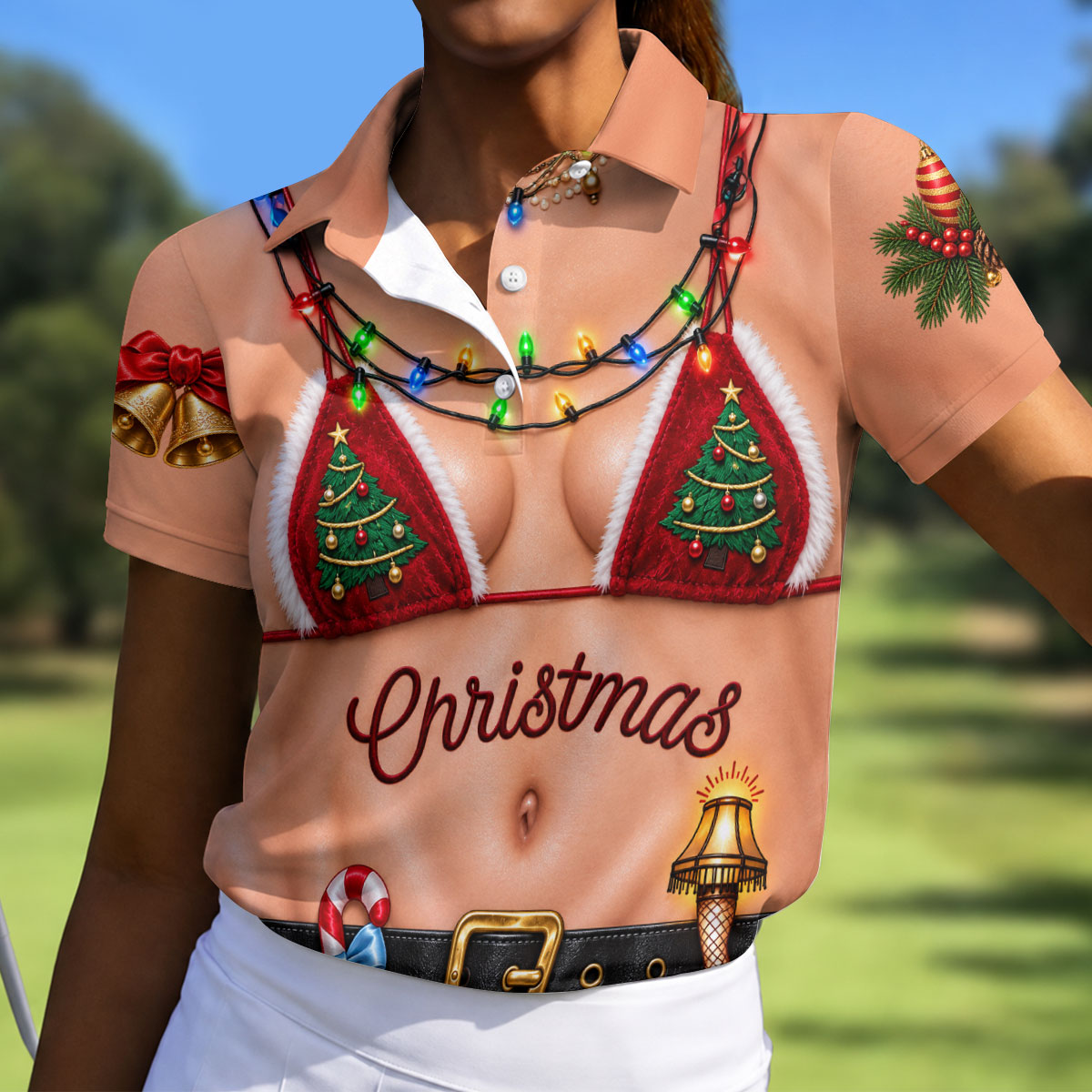 Xmas Tree Bikini Lights Christmas Golf Shirt, Ladies Golf Tops, Womens Golf Shirts