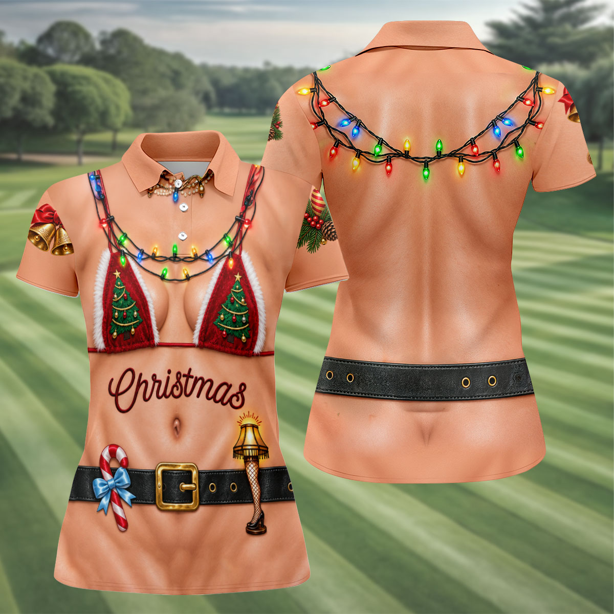 Xmas Tree Bikini Lights Christmas Golf Shirt, Ladies Golf Tops, Womens Golf Shirts