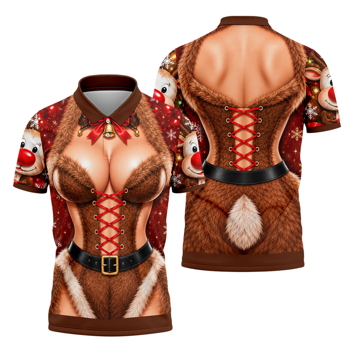 Reindeer Fur Lace Corset Christmas Golf Shirt, Golf Shirts For Men, Mens Golf Polo
