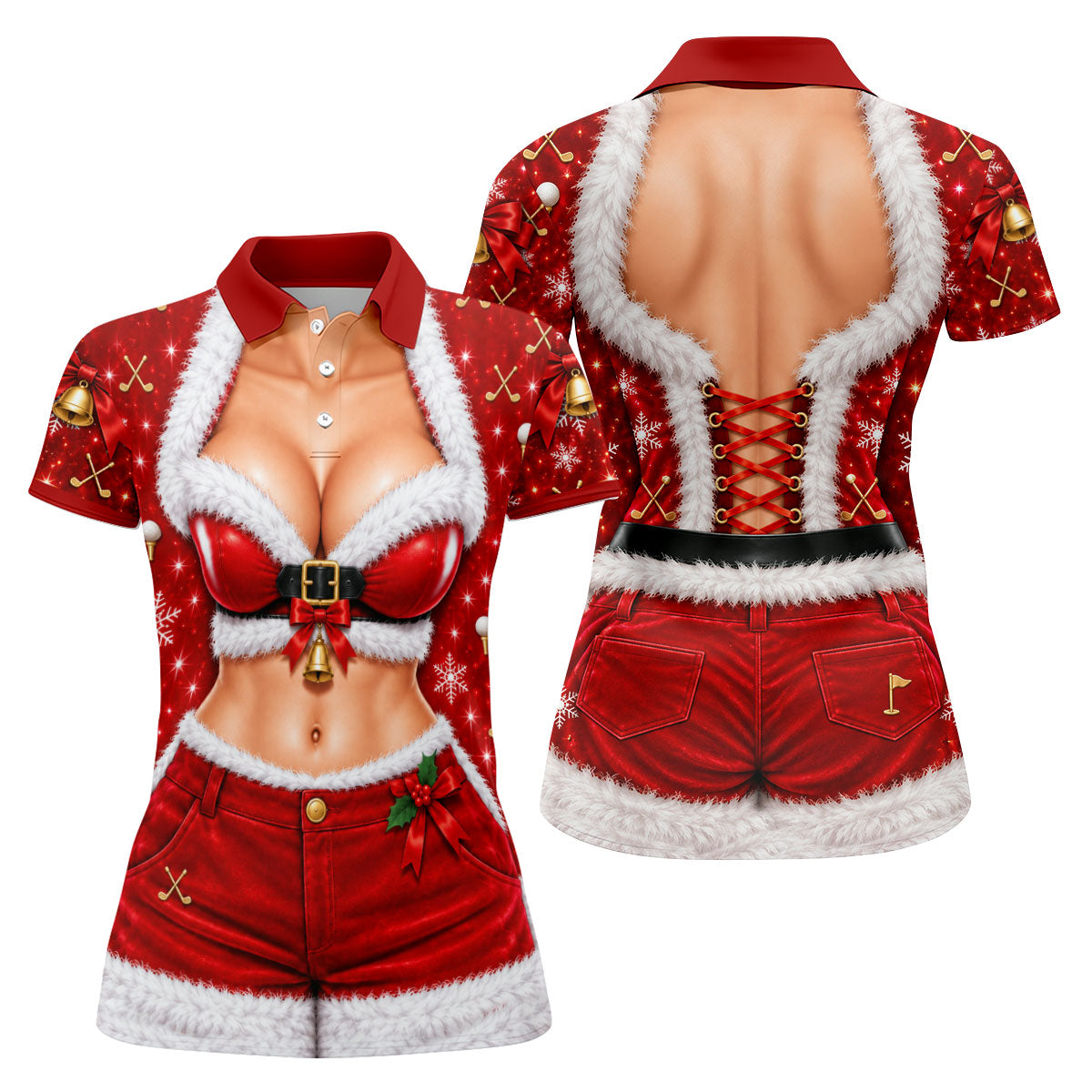 Santa Belt Bikini Abs Christmas Golf Shirt, Ladies Golf Apparel, Womens Golf Tops